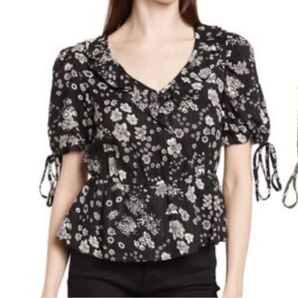 Walter Baker Pena Top Short Sleeve Black White Floral Xs New. 1122